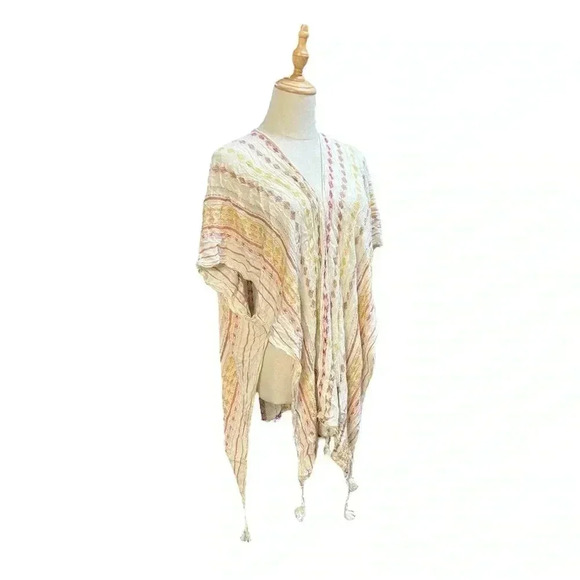 FREE PEOPLE Duster Cardigan Caftan Ivory Yellow Boho Long Kimono Coverup Tassel - Picture 1 of 7
